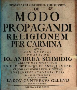 Diss. hist. theol. de modo propagandi religionem per carmina