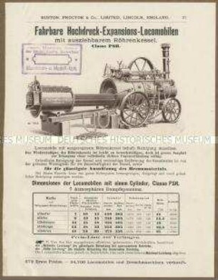 Landwirtschaftliche Maschinen der Ruston Proctor und Cie. in England