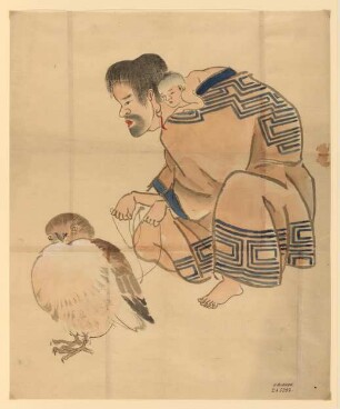 Ainu-Frau mit Kind auf der Schulter, eine Eule an einer Schnur haltend Frau mit Kind und Eule