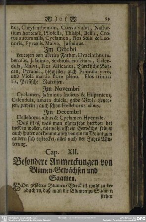 Cap. XII. Besondere Anmerckungen von Blumen-Gewächsen und Saamen