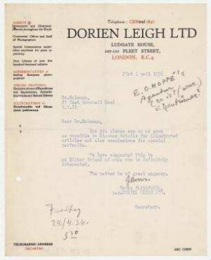 Brief von J. Brown (?), Dorien Leigh LTD, London an Erich Salomon 1936, 1 Bl.
