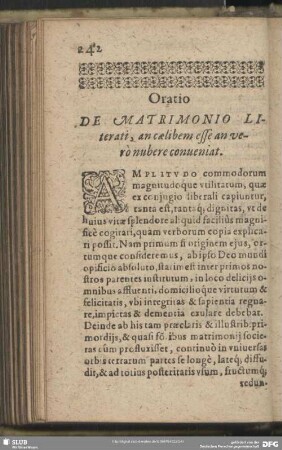 Oratio De Matrimonio Literati, an caelibem esse an vero nubere conveniat