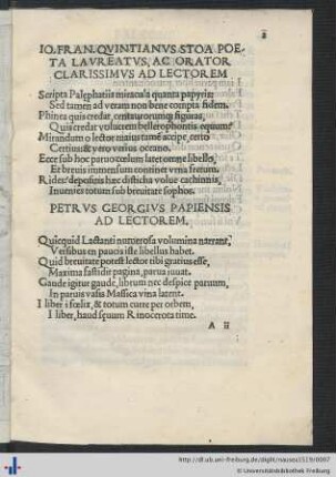 Io. Fran. Quintianus Stoa Poea Laureatus Ac Orator Clarissimus Ad Lectorem.