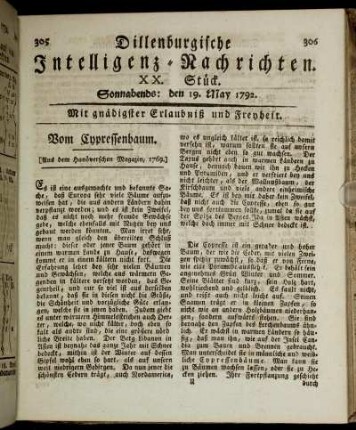 XX. Stück. Sonnabends: den 19. May 1792.