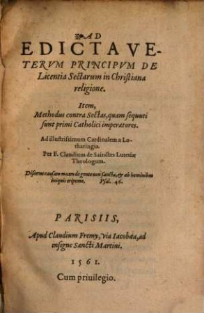 Ad edicta veterum principum de licentia sectarum in Christiana religione