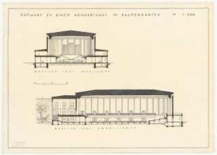 Konzerthaus »Palmengarten«, Frankfurt/Main: Großer Saal Längsschnitt und Querschnitt 1:200