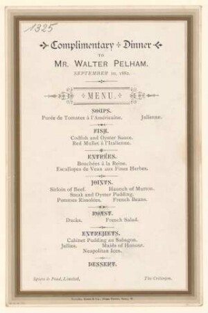 Menükarte : Complimentary Dinner to Mr. Walter Pelham, Spiers & Pond, Limited The Criterion