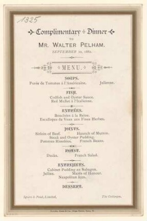 Menükarte : Complimentary Dinner to Mr. Walter Pelham, Spiers & Pond, Limited The Criterion