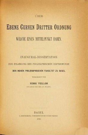 Ueber ebene Curven dritter Ordnung, welche einen Mittelpunkt haben : Inaug.-Diss. der Univ. Basel
