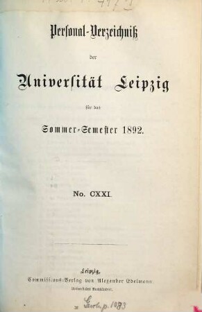 Personalverzeichnis. 1892, SS = Nr. 121