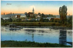 Zehren. Blick über die Elbe mit Fähre auf Zehren