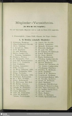 Mitglieder-Verzeichniss (bis Mitte Mai 1885 fortgeführt)