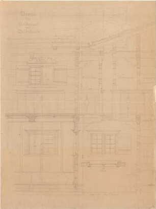 Thiersch, August ; Verein für Volkskunst und Volkskunde - Fenster u. Giebel (Grundriss, Ansichten m.Schnitt)