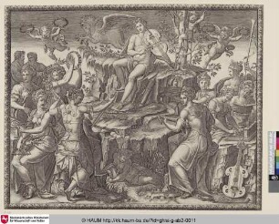 Apollon sur le Parnasse, au milieu des Muses qui jouent de divers instrumens.