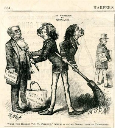 What the honest "N. Y. Tribune", which is not an organ, does to Democrats : Reid bestreicht Horatio Seymour mit der weißen Farbe der Reformpolitik und bewirft General Dix mit Schmutz