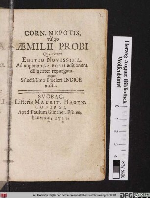 Corn. Nepotis, vulgo Æmilii Probi Quæ extant