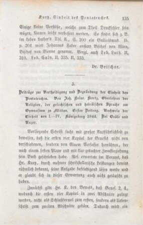 135-137 [Rezension] Kurtz, Johann Heinrich, Beiträge zur Vertheidigung und Begründung der Einheit des Pentateuches; 1. Band