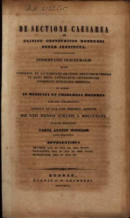 De sectione caesarea in clinico obstetricio Bonnensi nuper instituta