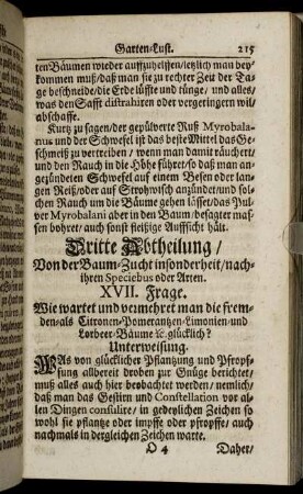 Dritte Abtheilung/ Von der Baum-Zucht insonderheit/ nach ihren Speciebus oder Arten.