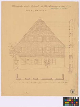 Oberlungwitz ([Amtshauptmannschaft] Glauchau): Bauerngehöft (Pferdefrohngut F. Schubert), Nummer 316. - [Wohngebäude] (Giebel-Ansicht). - Giebel (Höhenschnitt, Grundriss)