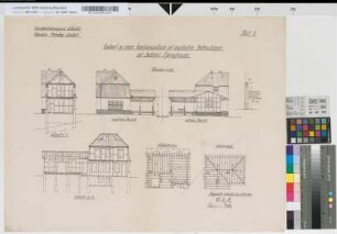 Entwurf zu einem Empfangsgebäude mit angebautem Güterschuppen auf Bahnhof Hüinghausen, Blatt 2: Ansichten, Schnitte, Sparrenlage, M. 1:100