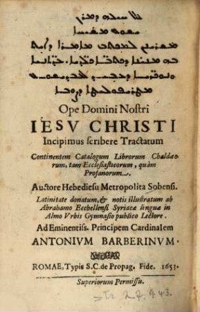 Menyānā d-ktābē kaldāyē ʿēdtānāyē wa-nukrāyē : = Catalogus librorum chaldaeorum tam ecclesiasticorum, quam profanorum