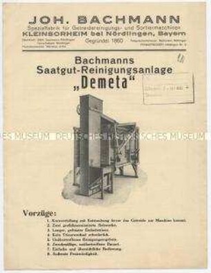 Bachmanns Saatgut-Reinigungsanlage "Demeta"