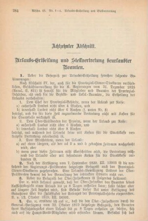 Achtzehnter Abschnitt. Urlaubs-Ertheilung und Stellvertretung beurlaubter Beamten.