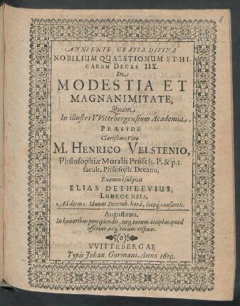 Nobilium Quaestionum Ethicarum Decas IIX. De Modestia Et Magnanimitate