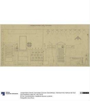 Darmstadt, Grosses Glückerthaus, Herrenzimmer, Aufrisse der Süd und Westwand