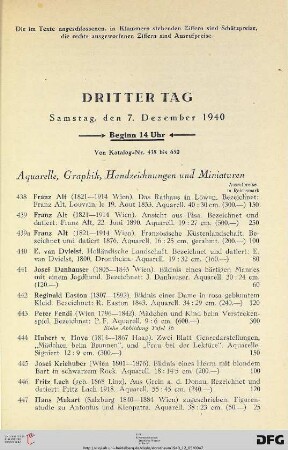 Aquarelle, Graphik, Handzeichnungen und Miniaturen (Nr. 438-476)