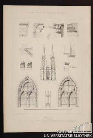 Marburg St. Elisabeth A Sockel außen. B Hauptgesims. C Strebenkopf. D Östliches Schiffsjoch Hauptgesims. E Oberer Umgang. F Unterer Umgang Chor. G Chor Strebenköpfe. H Sacristei Hauptgesims. I Ursprünglicher Plan der Westfront Ergänzung. K Chor Erdgeschoss-Fenster. L Westliche Schiffsjoche Fenster