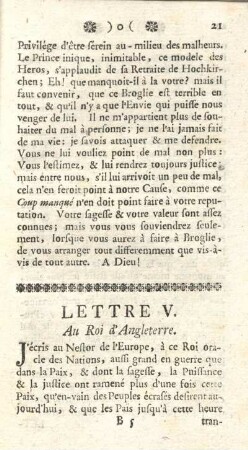 Lettre V. Au Roi d'Angleterre.