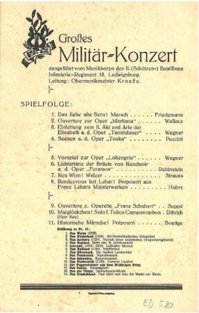 Programmzettel zu "Großen Militär-Konzerten" des Musikkorps des II. (Schützen)Bataillons IR 13, Ludwigsburg (wohl meist im Harmoniegarten)