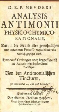 D. E. P. Meuderi Analysis Antimonii Physico-Chymico-Rationalis : Darinn der Grund aller gewöhnlichen und bekandten Processe dieses Mineralis deutlich gezeiget wird