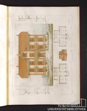 Villas, maisons de ville et de campagne. Composées sur les motifs des maisons de Paris moderne. Plan du rez-de-chaussée. Plan du comble. Plan du 1er etage.
