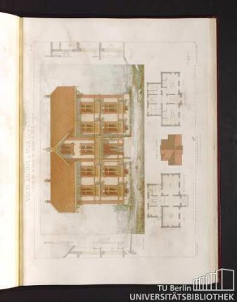 Villas, maisons de ville et de campagne. Composées sur les motifs des maisons de Paris moderne. Plan du rez-de-chaussée. Plan du comble. Plan du 1er etage.