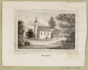 Die Kirche in Bösdorf (Leipzig-Bösdorf, 1982 dem Braunkohletagebau zu Opfer gefallen), südlich von Leipzig, aus Sachsens Kirchen-Galerie von Hermann Schmidt, Band 6