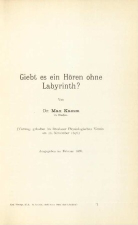 Giebt es ein Hören ohne Labyrinth? : (Vortrag, gehalten im Breslauer Physiologischen Verein am 28. November 1898)