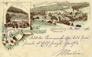 Schmiedeberg. Ortsansicht und Gasthof Schmiedeberg, Postkarte