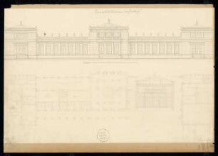 Trinkbrunnen Monatskonkurrenz Oktober 1829: Grundriss Erdgeschoss, Aufriss Vorderansicht; Maßstabsleiste