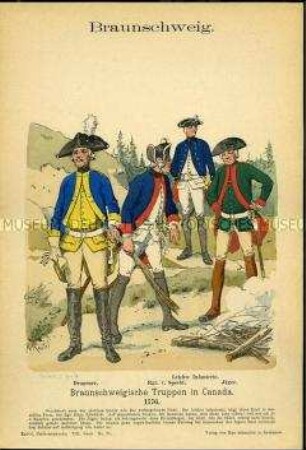 Uniformdarstellung, Dragoner, Gemeiner und Jäger der Leichten Infanterie, Herzogtum Braunschweig-Lüneburg, 1776.