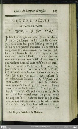 Lettre XXXVIII. La même au même. A Grignan, le 19. Juin, 1695