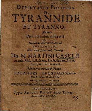 Disputatio Politica De Tyrannide Et Tyranno