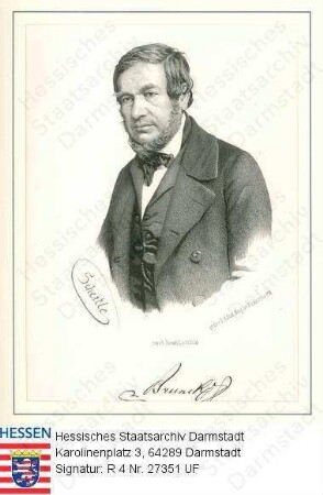 Brunck, Josef (1787-1848) / Porträt, rechtsgewandte und -blickende Halbfigur / darunter: faksimilierte Unterschrift