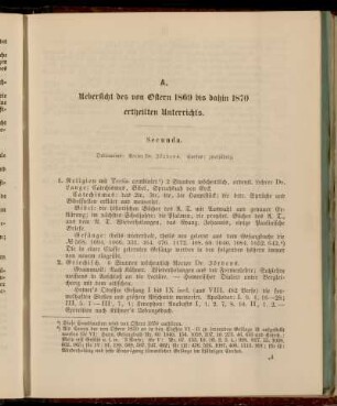 A. Uebersicht des von Ostern 1869 bis dahin 1870 ertheilten Unterrichts.