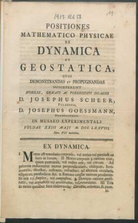 Positiones Mathematico Physicae Ex Dynamica Et Geostatica