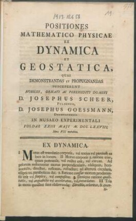 Positiones Mathematico Physicae Ex Dynamica Et Geostatica