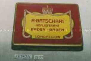 Blechdose für 25 Stück "CIGARETTES LONGFELLOW" A. BATSCHARI HOFLIEFERANT BADEN-BADEN