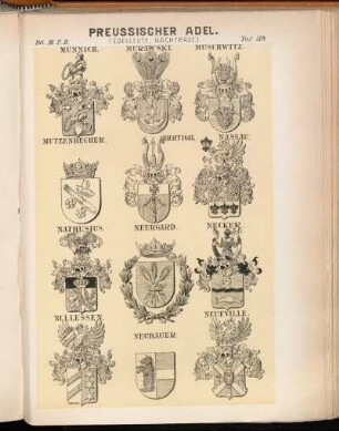 Taf. 119. Münnich. - Murawski. - Muschwitz. - Mutzenbecher. - Nachtigal. - Nassau. - Nathusius. - Neergard. - Necker. - Nlllessen. - Neubauer. - Neufville.